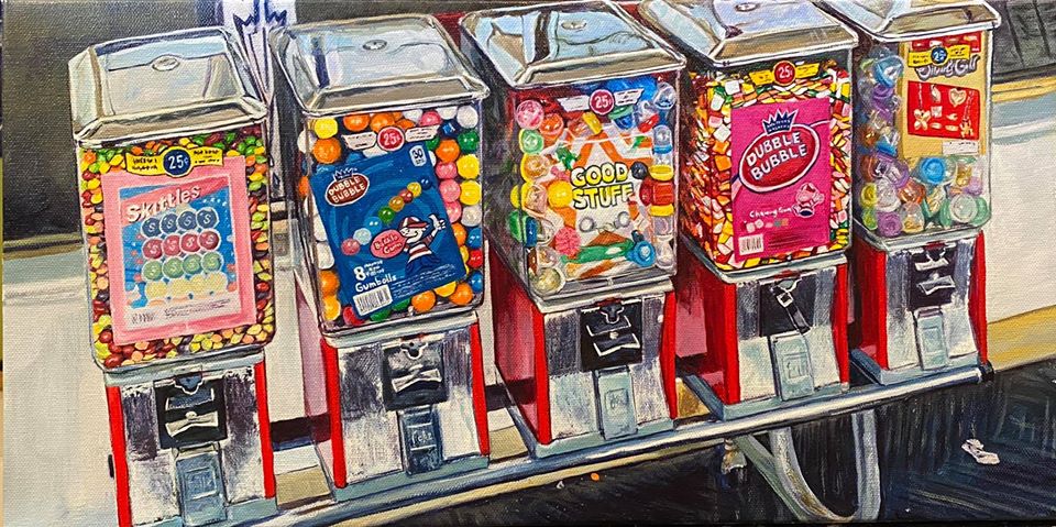 “Good Stuff” - 10”x20” - acrylic on canvas. From a photo I took at a dying K-Mart in New Hampshire before the virus. Those Skittles looked like they’d been there for years the way the colors were faded from the top down. .