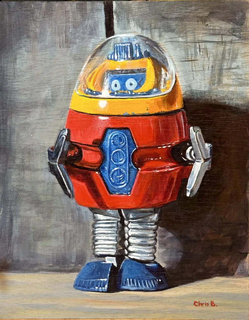 Hug-Bot - 10”x8” acrylic on wood panel