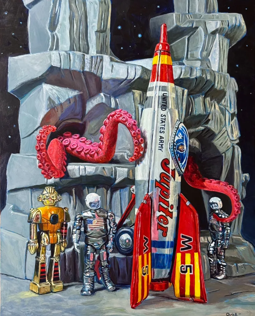 Painting of a toy rocket ship with two metallic astronauts, and a gold robot being attacked by a set of pink tentacles. 